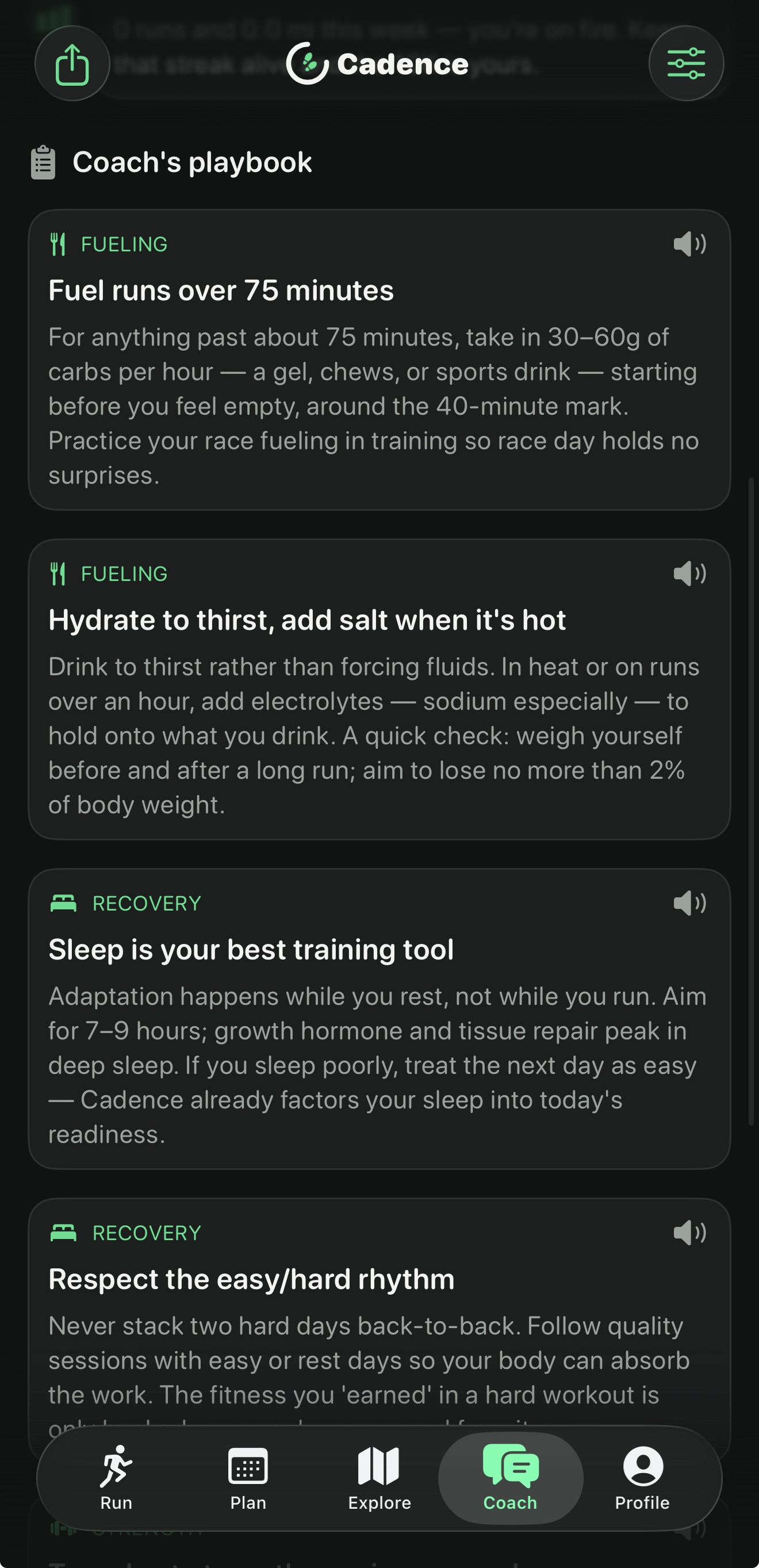 Cadence coach chat screen answering a training question