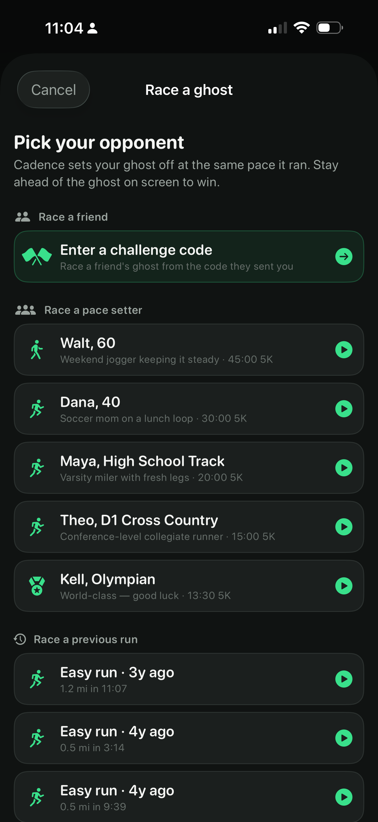 Cadence ghost race screen showing pace against a competitor