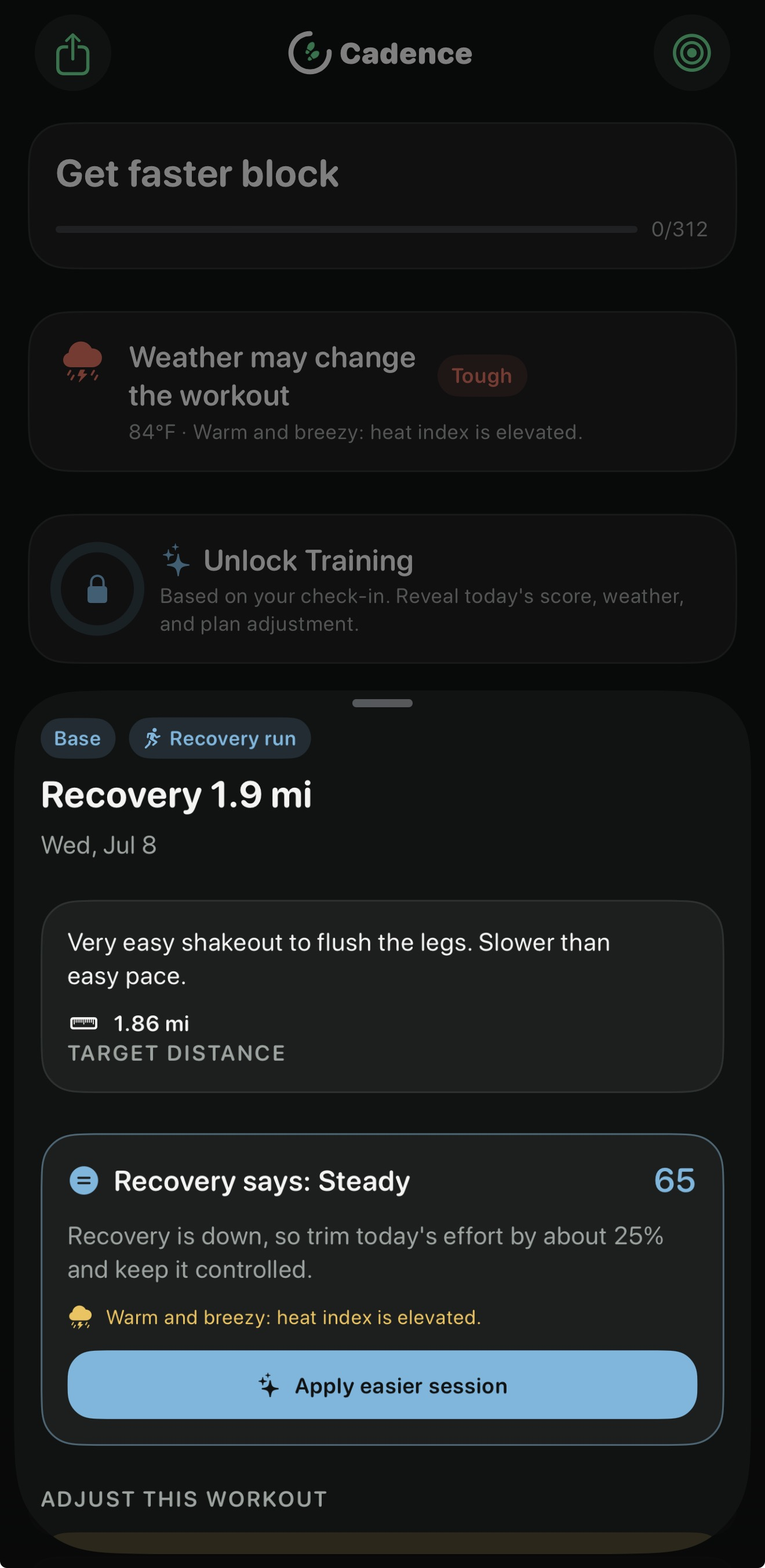 Cadence training plan screen showing the week's sessions