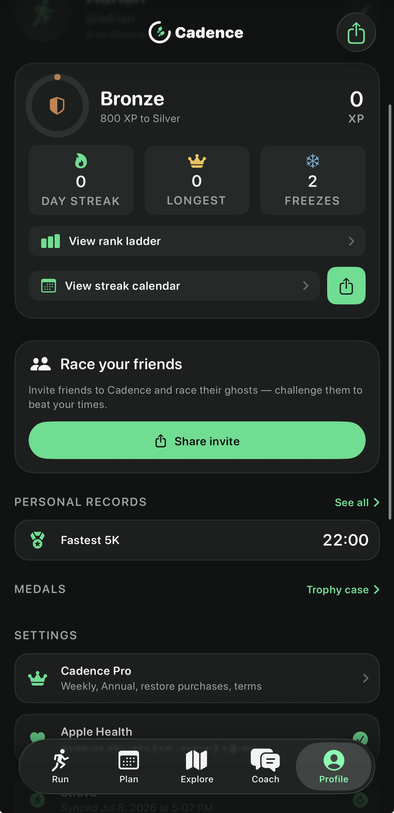 Cadence profile screen showing streaks, ranks and medals