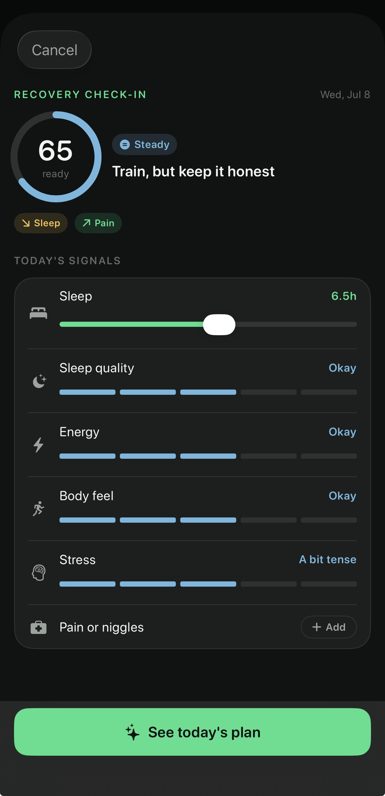 Cadence recovery check-in screen showing a readiness score